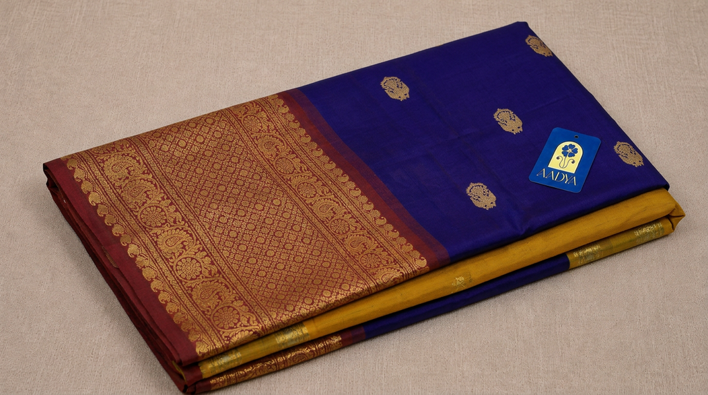 Deep Purple Kanchivaram Silk Saree with Gold Zari Gandaberunda Motifs