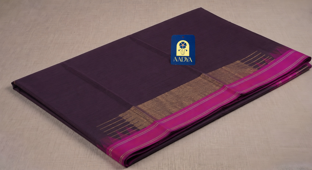 Brown Ponduru Khadi Cotton Saree with Rani Pink Border & Gold-Silver Zari Pallu