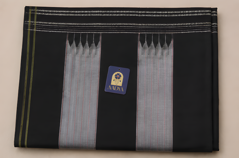 Black Ilkal Cotton Saree with Viscose Rayon Border & Grey Selvage
