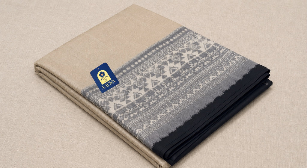 Beige Ahimsa Silk Saree with Grey Geometric Tribal Design & Black Selvage