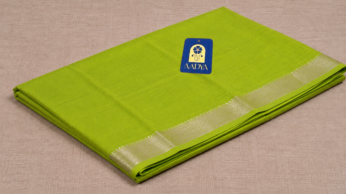 Parrot Green Mangalgiri Sico Saree with Silver Zari Border & Striped Pallu