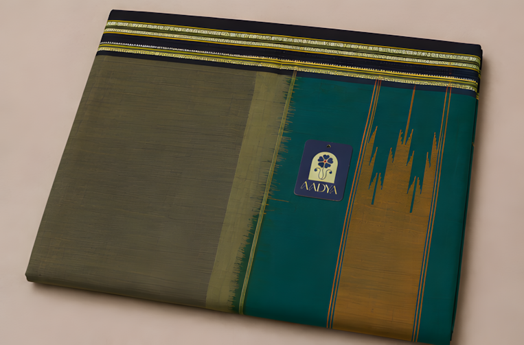 Olive Green Ilkal Cotton Saree with Black Gayathri Border & Traditional Pallu