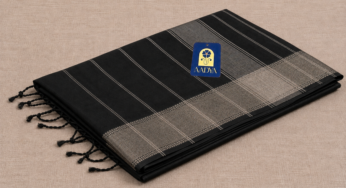 Black Maheshwari Silk Saree with Silver Zari Border & Striped Pallu