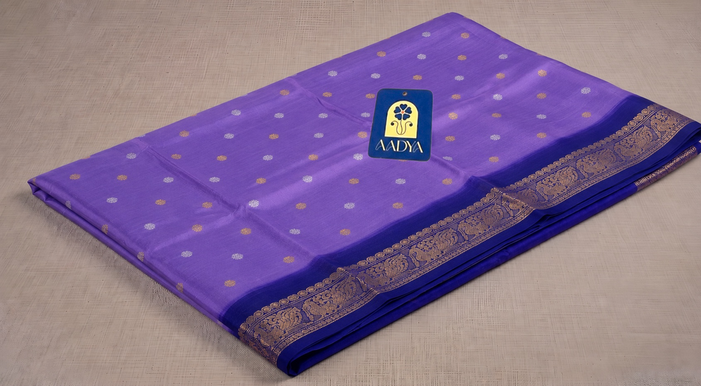 Lavender Gadwal Sico Saree with Silver & Gold Peacock and Floral Buttis, Navy Blue Zari Border