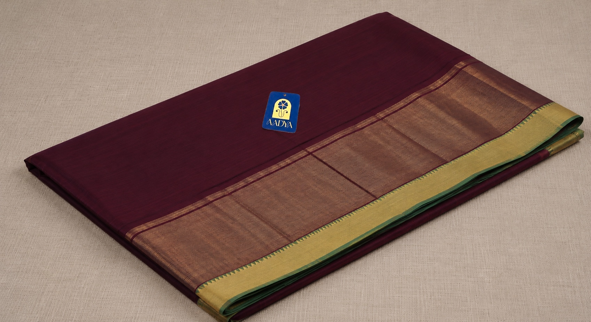 Maroon Mangalgiri Cotton Saree with Contrast Green Zari Border & Zari Lines Pallu