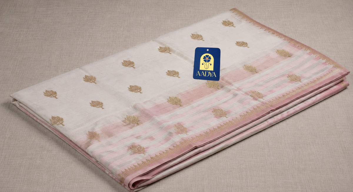 Light Pink Khadi Cotton Saree with Zari Flower Buttis & Zari Border
