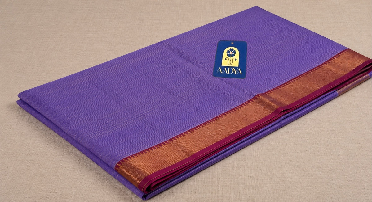 Lavender Mangalgiri Cotton Saree with Pink Zari Border & Zari Lines Pallu