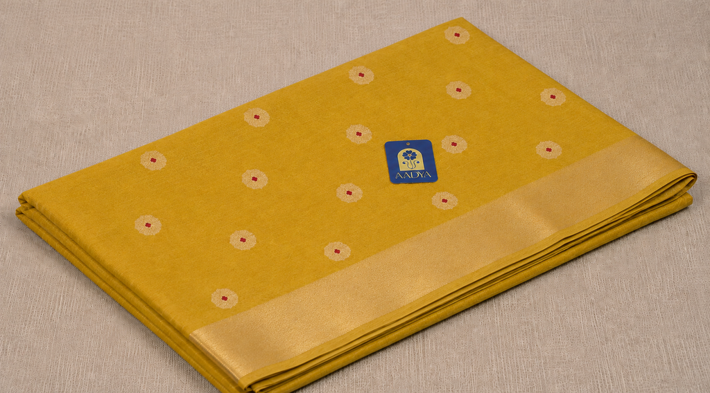 Yellow Chanderi Silk Saree with Meenakari Buttis & Zari Border