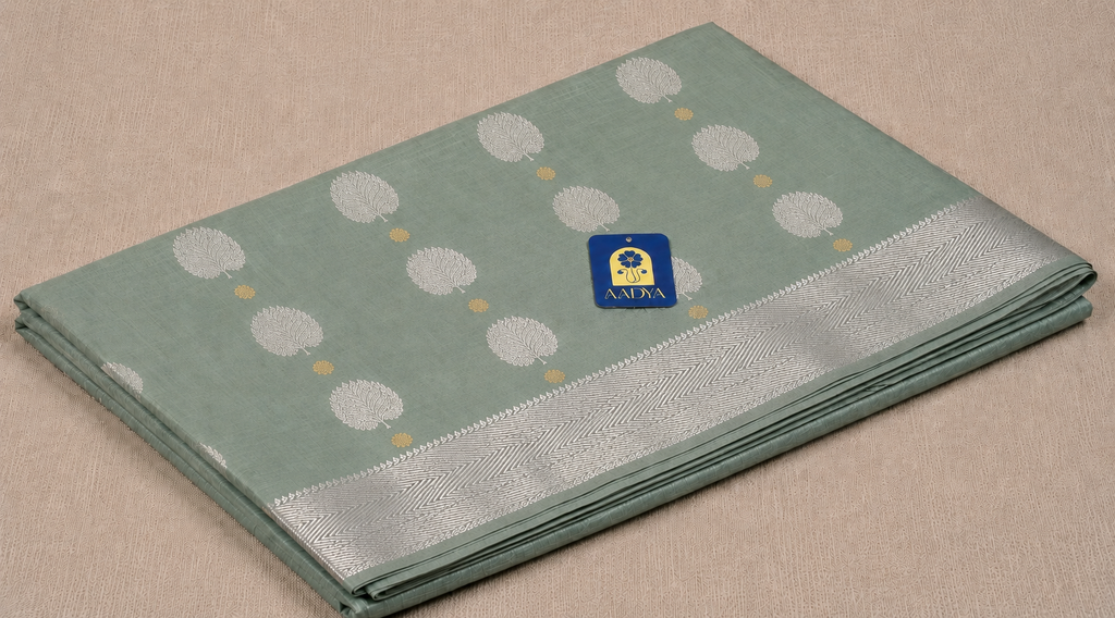 Chanderi Silk Saree in Powder Blue with Silver & Gold Leaf Buttis