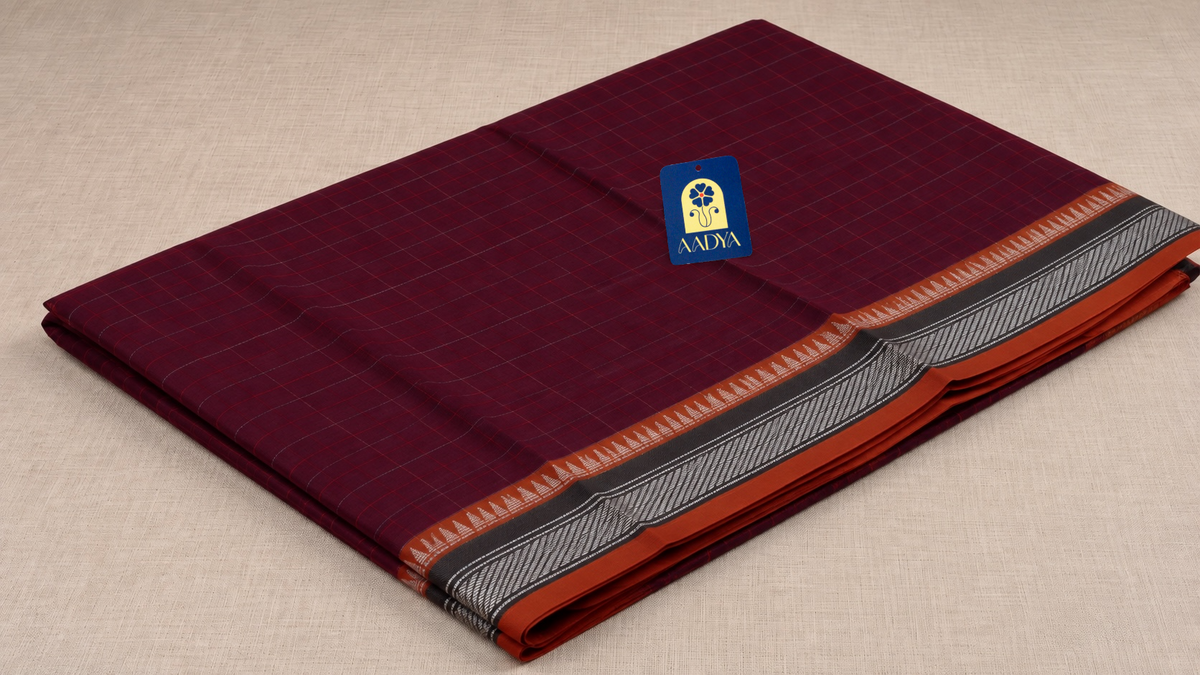 Maroon Narayanpet Cotton Saree with Orange Temple Geometric Border & Yellow Pallu