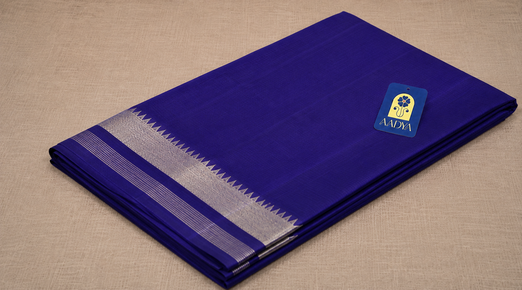 Navy Blue Mangalgiri Sico Saree with Silver Zari Border & Striped Pallu