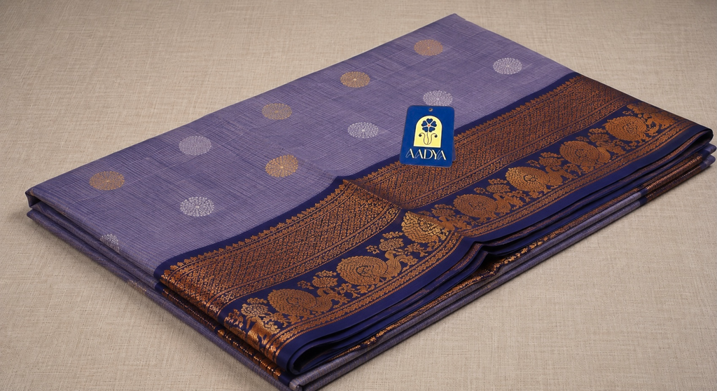 Grey Gadwal Sico Saree with Silver Parrot & Round Buttis and Navy Blue Threadwork Border