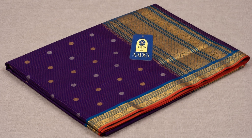 Purple Gadwal Sico Saree with Gold & Silver Round Buttis and Green Zari Border