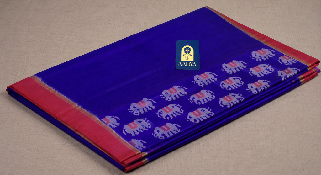 Blue Ahimsa Silk Saree with Pink Border & Elephant Motif Pallu