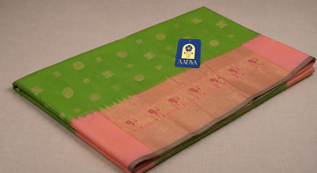 Parrot Green Gadwal Silk Saree with Peacock Round Zari Buttis, Pink Border & Zari Work Pallu