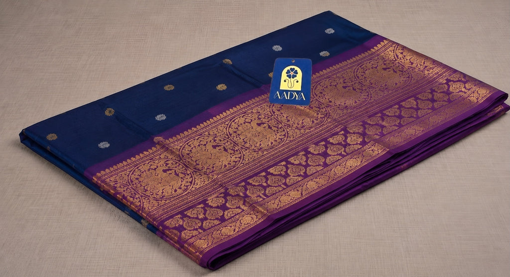 Navy Blue Gadwal Silk Saree with Peacock & Flower Zari Buttis, Magenta Horse & Peacock Border