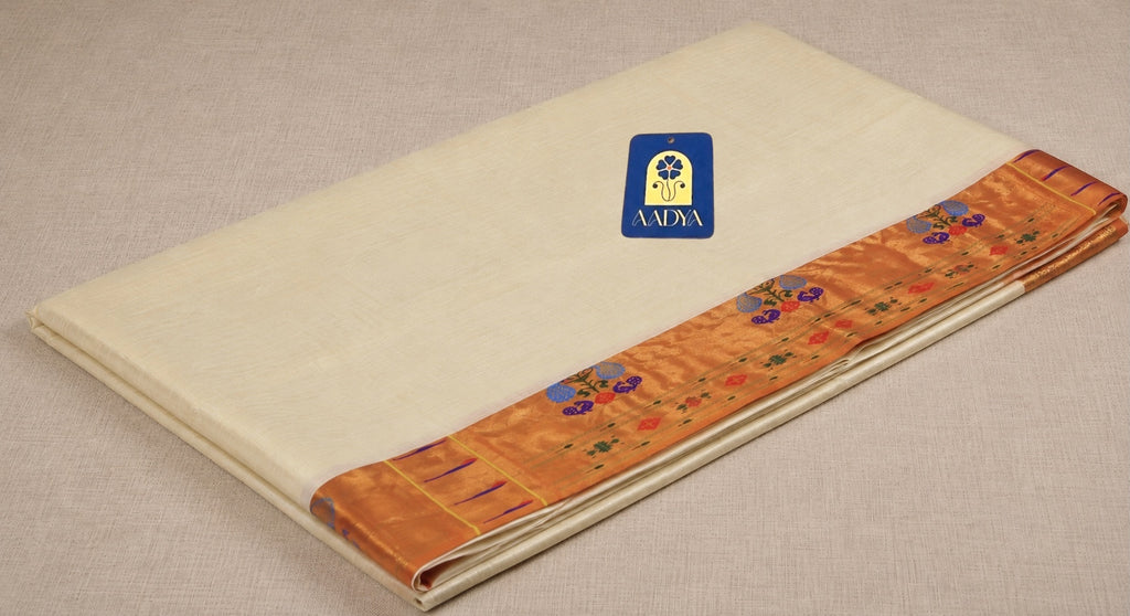 Cream Gadwal Silk Saree with Orange Muniya Design Border & Paithani Thread Pallu