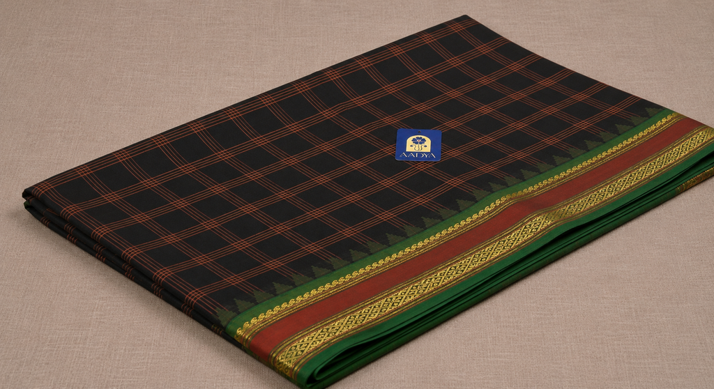 Black and Orange Gadwal Silk Saree with Checks, Temple Design & Ganga Jamuna Zari Border