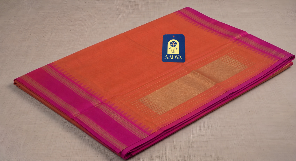 Orange Ponduru Khadi Cotton Saree with Pink Gap Border & Silver Zari Lines