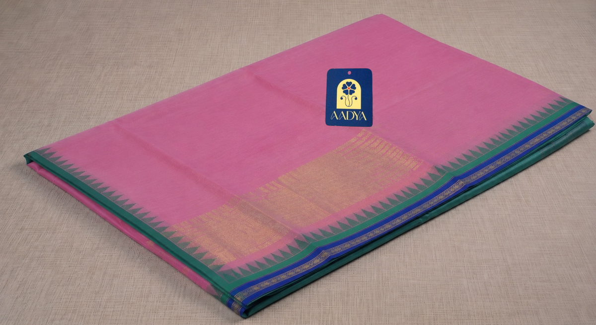 Rose Pink Ponduru Khadi Cotton Saree with Blue Border & Zari Pallu