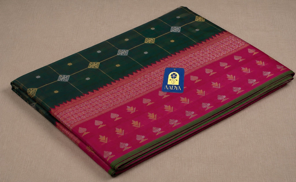 Dark Green Gadwal Silk Saree with Gold Zari Buttis & Diamond Motifs