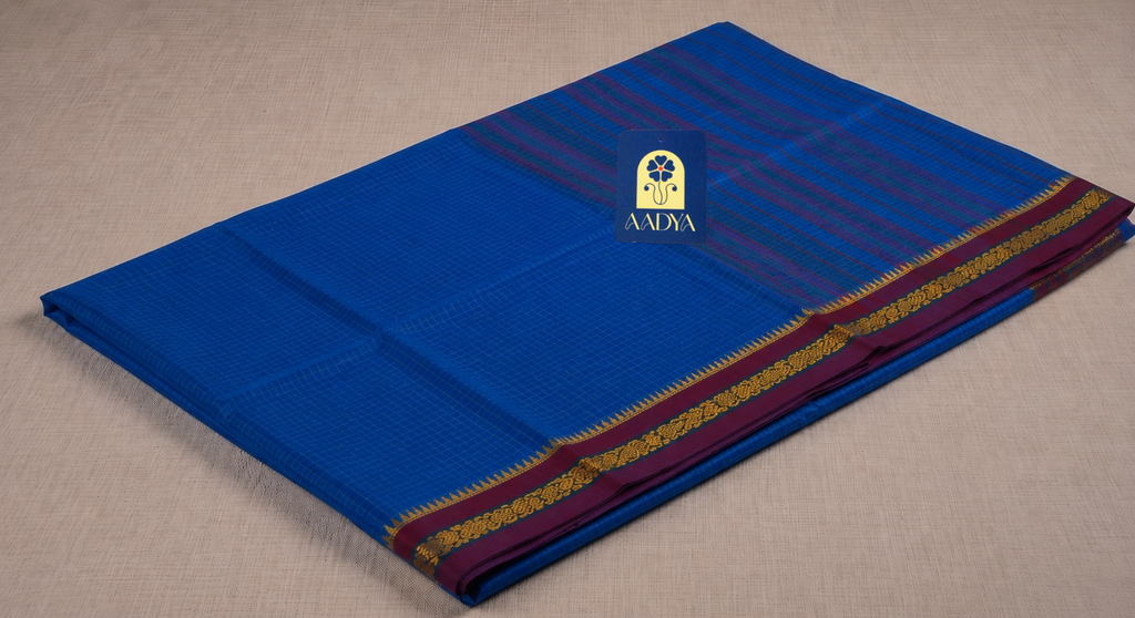 Turquoise Blue Narayanpet Cotton Saree with Deep Maroon Woven Motif Border