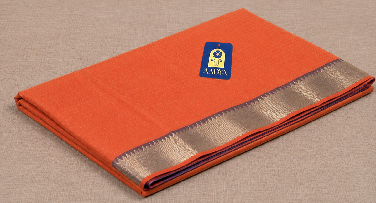 Peach Mangalgiri Sico Saree with Checks & Purple Silver Zari Border