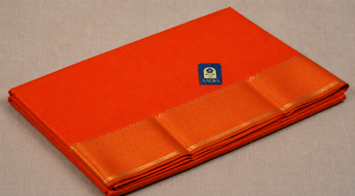 Orange Mangalgiri Sico Saree with Silver Zari Border & Lines Design Pallu