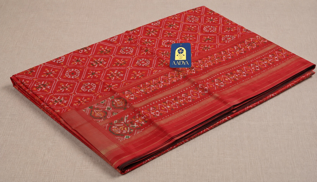 Red Puttapaka Ikkat Sico Saree with Ikkat Design, Zari Border & Maroon Selvage