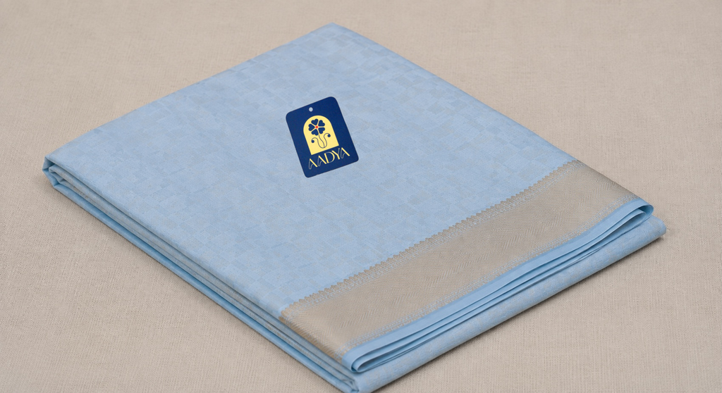 Ice Blue Banarasi Silk Saree with Silver Geometric Motifs & Gold Zari Pallu