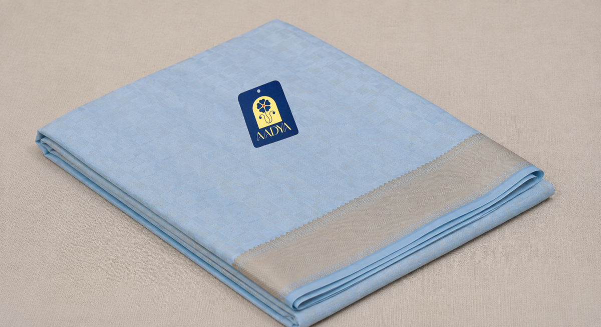 Ice Blue Banarasi Silk Saree with Silver Geometric Motifs & Gold Zari Pallu