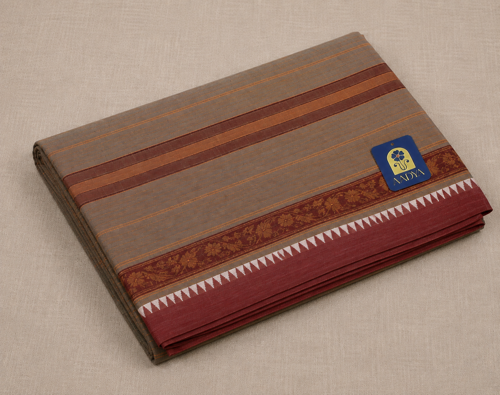Grey Narayanpet Cotton Saree with Flower Thread-Work Border