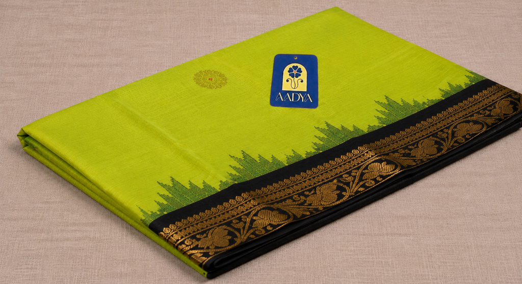 Green Gadwal Silk Saree with Flower Zari Buttis, Black & Pink Temple Border