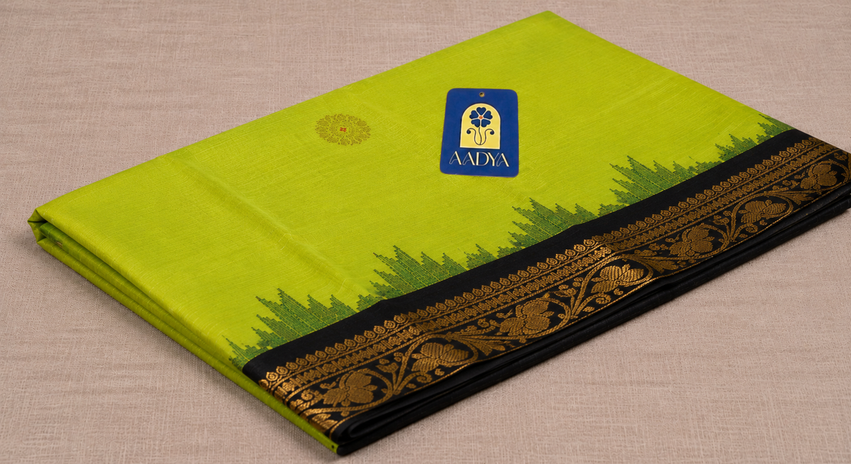 Green Gadwal Silk Saree with Flower Zari Buttis, Black & Pink Temple Border