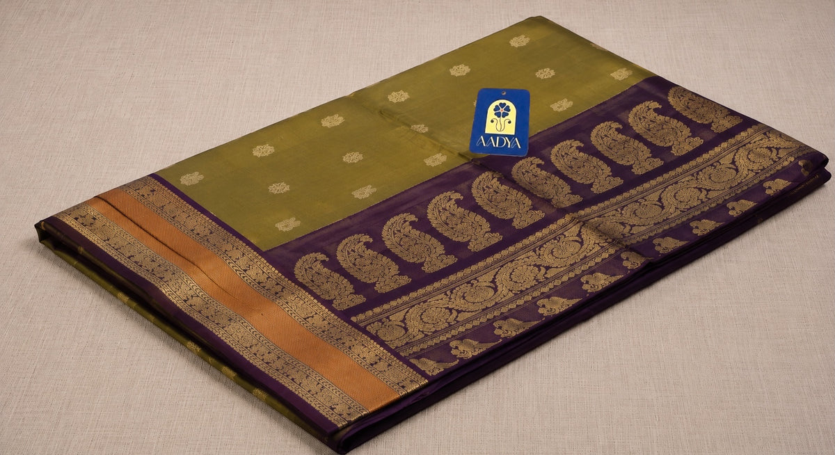 Mehandi Green Gadwal Sico Saree with Zari Buttis & Gold Zari Pallu