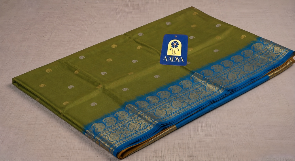 Parrot Green Gadwal Silk Saree with Gold & Silver Mango and Peacock Buttis, Peacock Green Zari Border