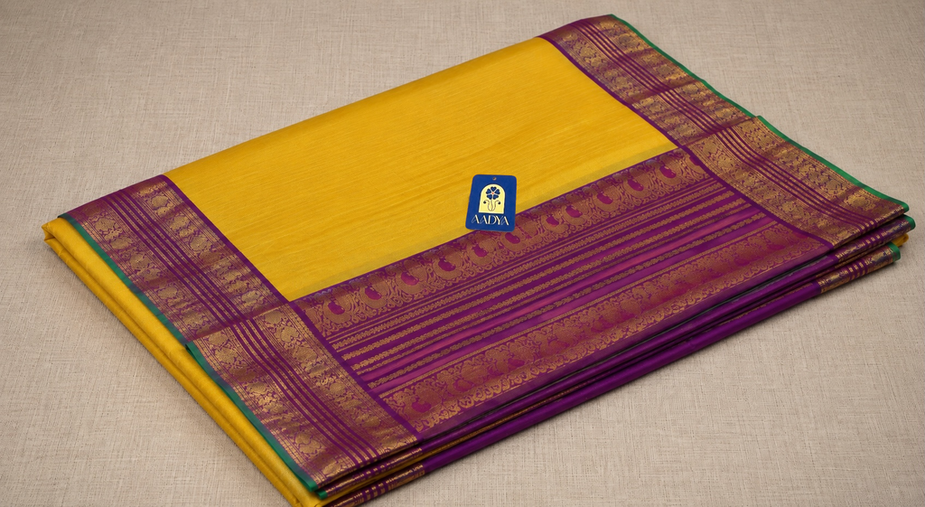 Yellow Gadwal Twill Silk Saree with 2GM Gold Zari & Rani Pink Bird Zari Border