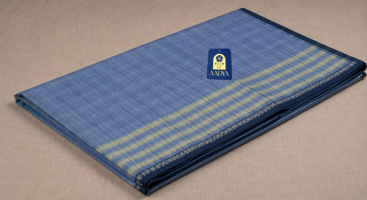 Powder Blue Narayanpet Cotton Saree with Navy Blue Geometric Border & Cream Pallu