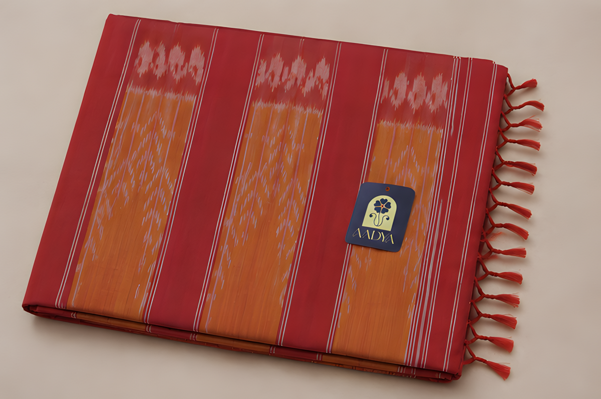 Mustard Yellow Ikat Cotton Saree with Red Mango Butti Border & Leaf Motifs