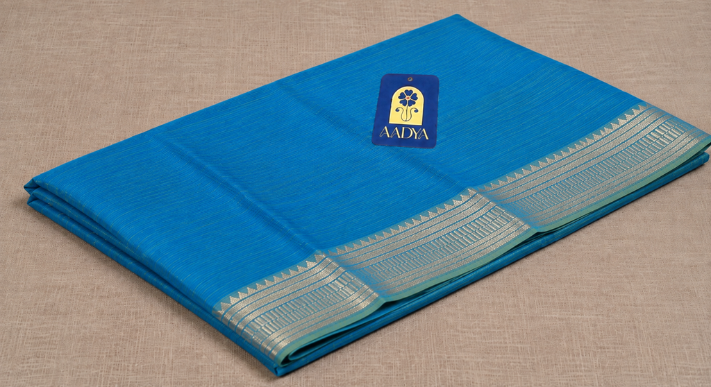 Aqua Blue Mangalgiri Sico Saree with Green Silver Zari Border & Striped Pallu