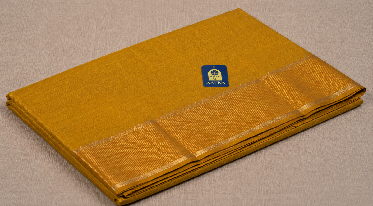 Mustard Yellow Mangalgiri Sico Saree with Silver Zari Border & Pallu