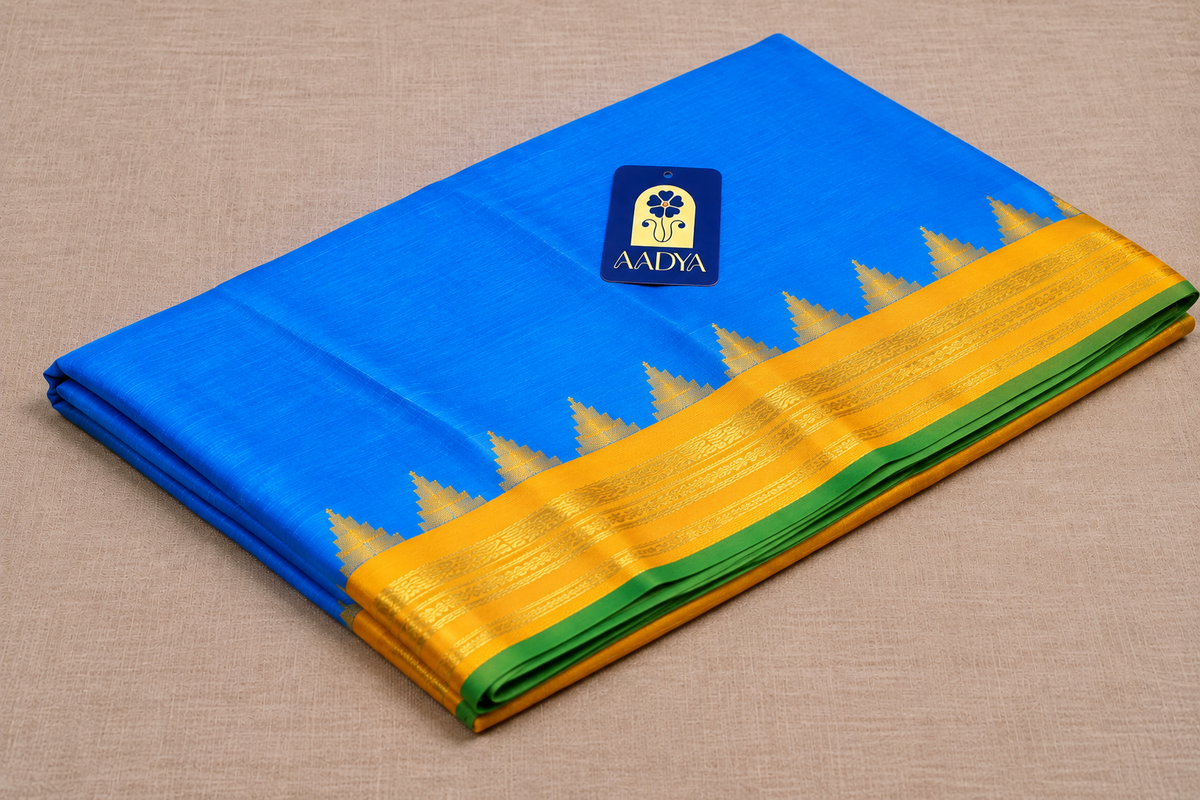 Gadwal Silk Saree in Peacock Blue with Yellow Geometric Zari Border