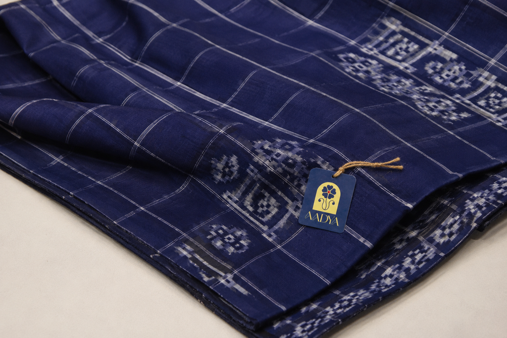 Double Ikat Cotton Saree in Navy Blue with Geometric Motifs