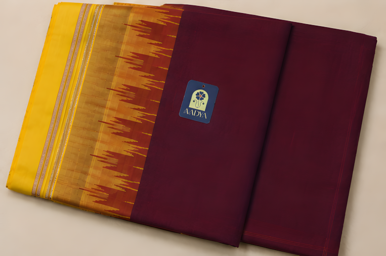 Maroon Ilkal Cotton Saree with Yellow Viscose Rayon Border