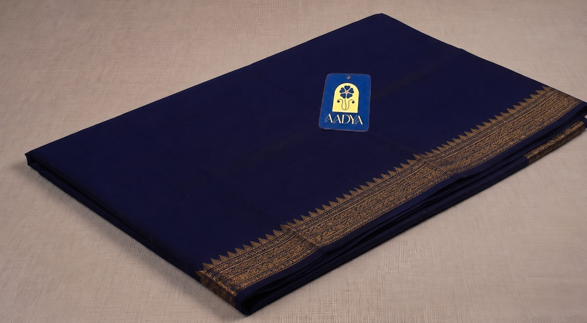 Navy Blue Mangalgiri Cotton Saree with Zari Border & Zari Lines Pallu