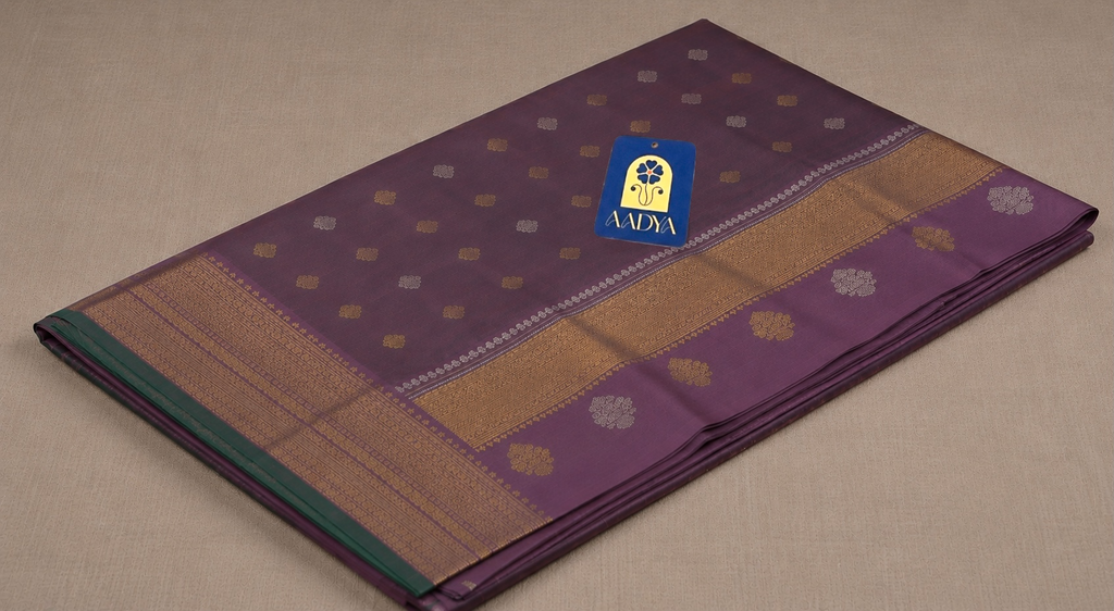 Dusty Mauve Gadwal Twill Silk Saree with Silver & Gold Diamond and Peacock Buttis
