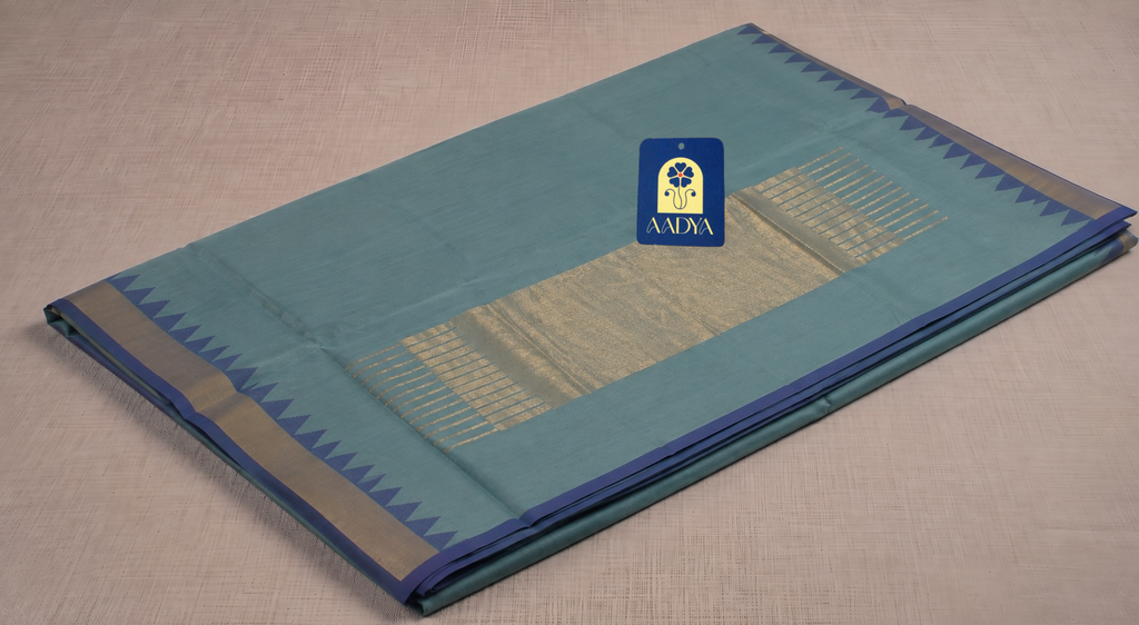 Pista Green Ponduru Khadi Cotton Saree with Gold Zari Border & Blue-Grey Selvage