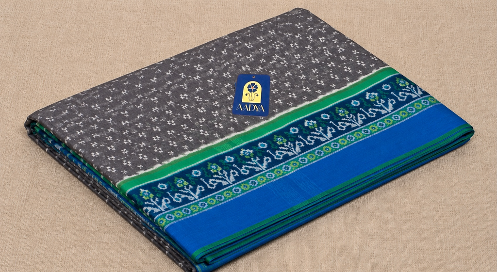 Grey Puttapaka Ikkat Silk Saree with Ikkat Work, Peacock Green Border & Designer Pallu