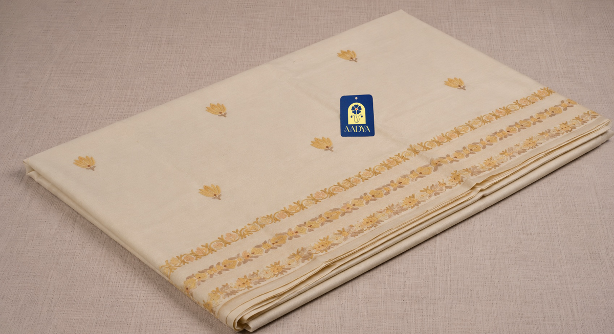 White Khadi Cotton Saree with Floral Kashmir Work & Detailed Pallu