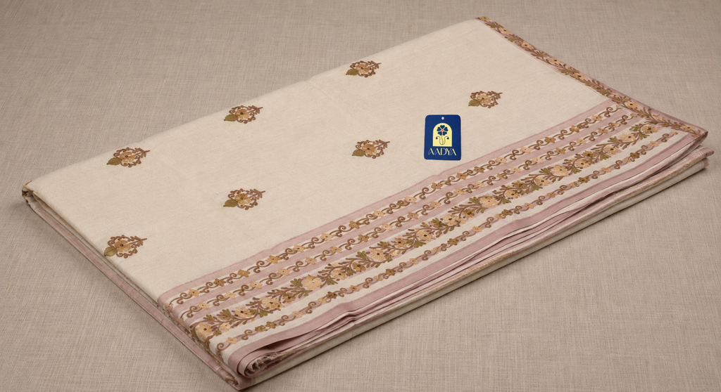 Cream Khadi Cotton Saree with Floral Kashmir Work & Pink Lines Design